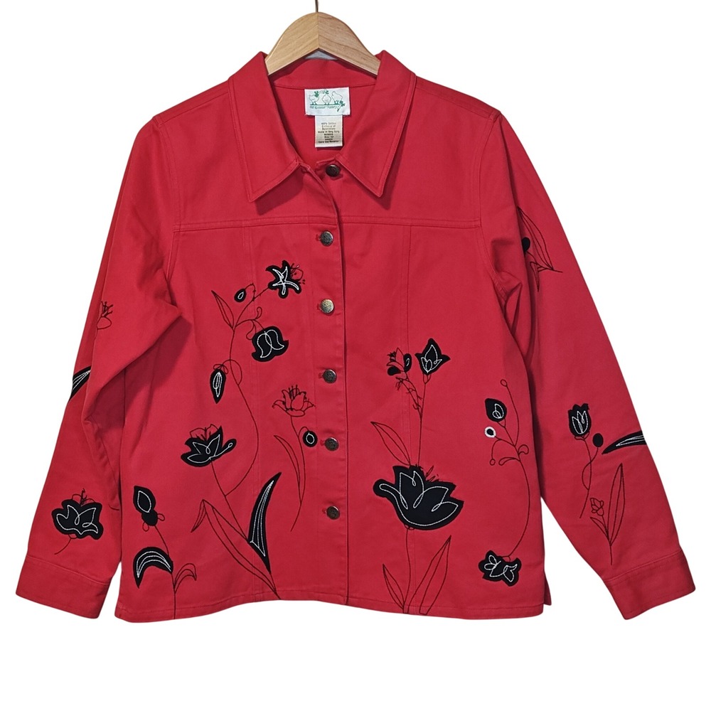 Quacker Factory Floral Embroidered Jacket Womens M Red Cotton Button Front A4011